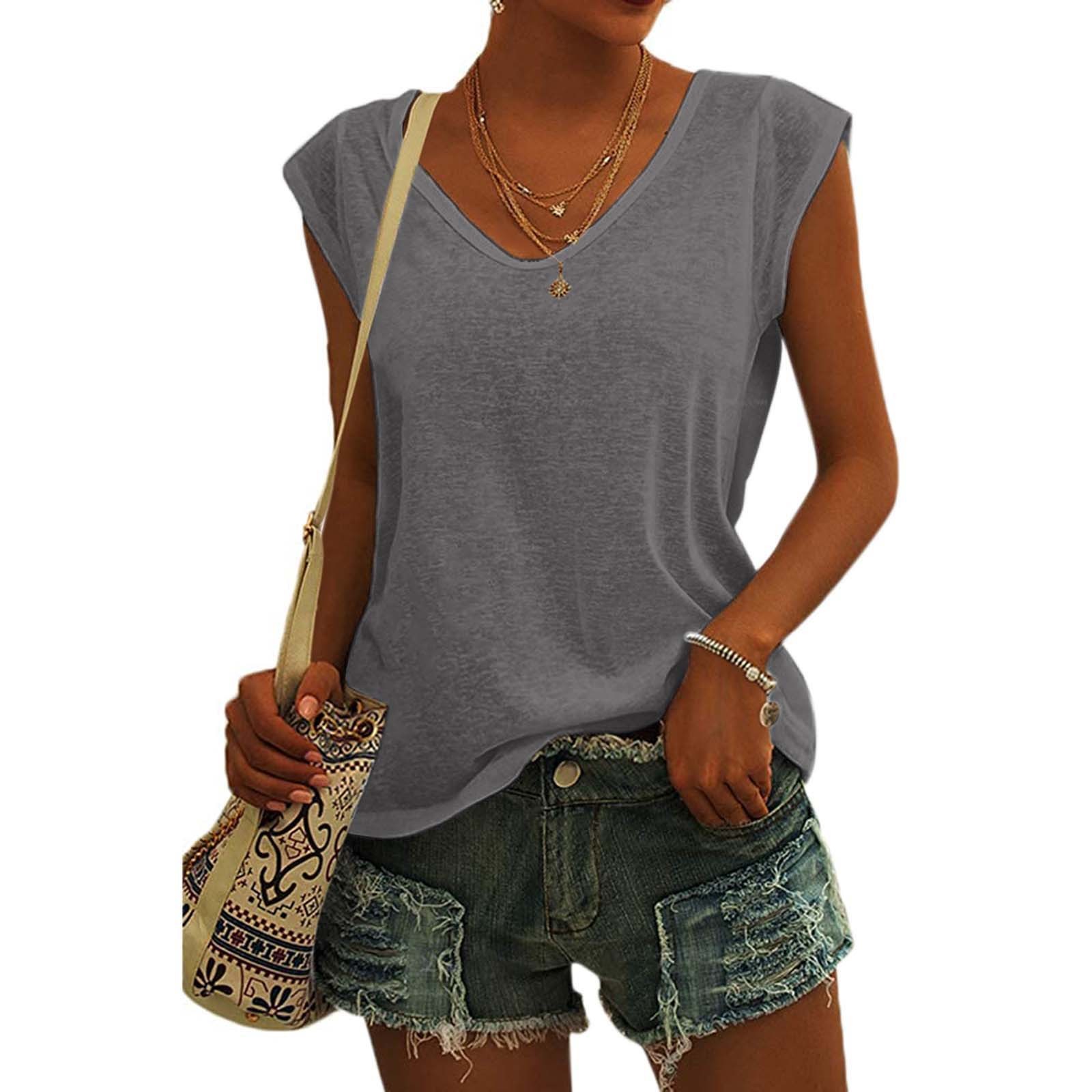 thumbnail image 5 of Camiseta básica de verano para mujer, holgada, con cuello en V y manga corta, sin mangas., 5 of 7